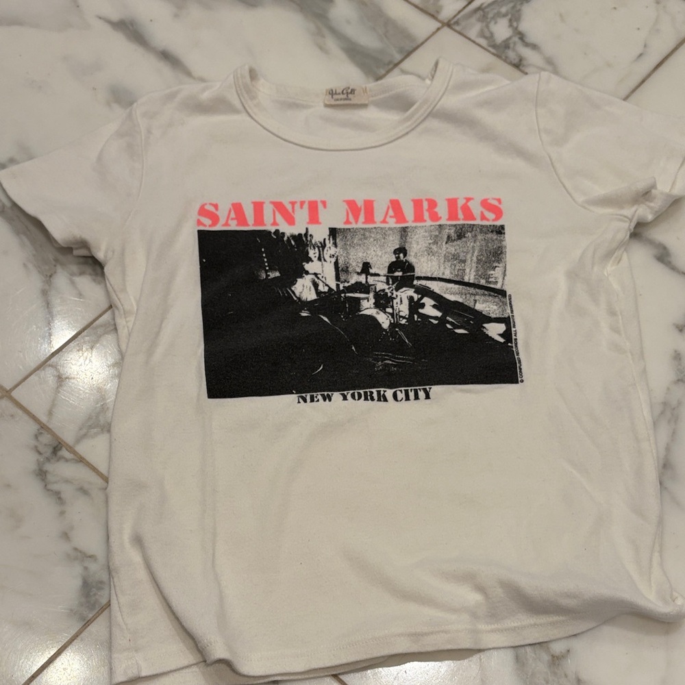 Brandy Melville White Tee with Pink and Black Graphic